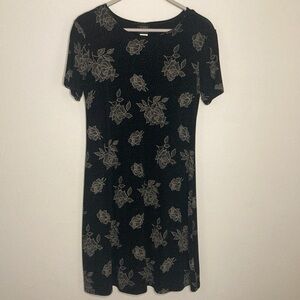 Teddi Size 8P Black Nylon-Spandex Dresss with Gold Floral Pattern